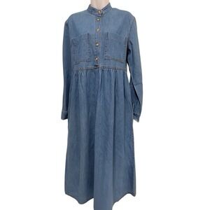 Studio‎ Ease Denim Midi Dress 12 Button Cottagecore Minimalist Pockets Relaxed